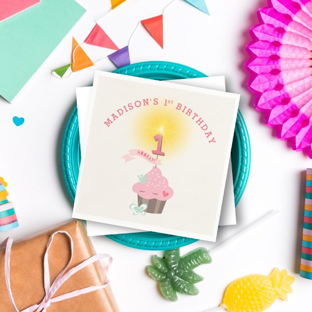 Servilleta De Papel Pequeña Miss Rosa Chica de pastelitos Primer Fiest (Whimsical Little Miss Pink Cupcake Girl's 1st Birthday Party Napkins @ fatfatin_mini_me)
