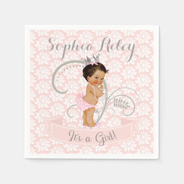 Servilleta De Papel Pequeña Princesa Bebé Niña Rosa y Plateado (Anverso)