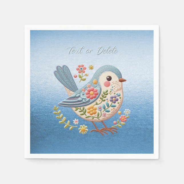 Servilleta De Papel Pequeño Bird Floral Embroidery Blue Napkins (Anverso)