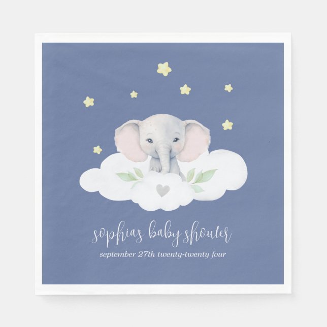 Servilleta De Papel Pequeño cacahuete Baby Shower Blue Elephant Napkin (Anverso)