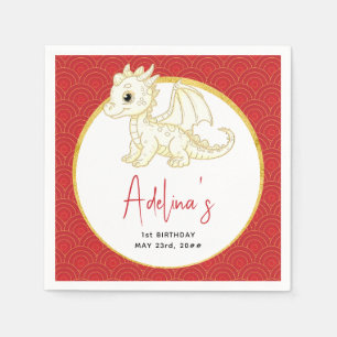 Servilleta De Papel Pequeño Dragón Cute Oro Bebé Rojo Primer Cumpleaño
