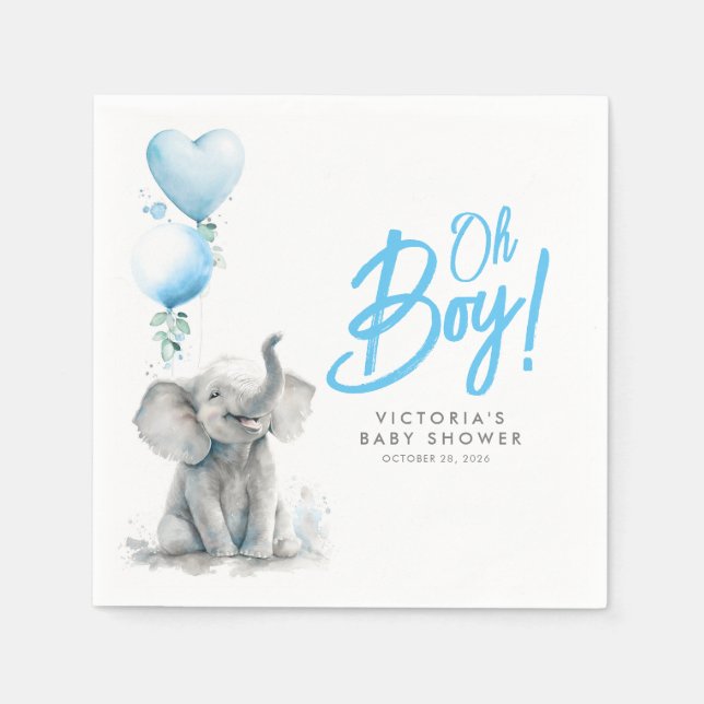 Servilleta De Papel Pequeño elefante lindo Baby Shower azul y gris (Anverso)