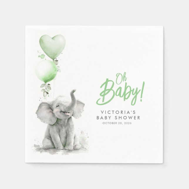 Servilleta De Papel Pequeño elefante lindo Baby Shower verde y gris (Anverso)