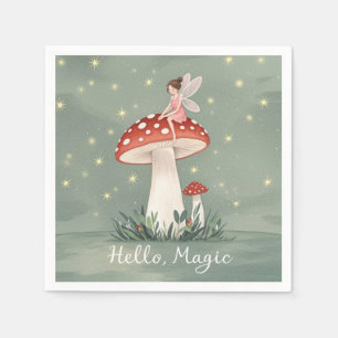 Servilleta De Papel Pequeño hada encaramada sobre hongos y resplandeci