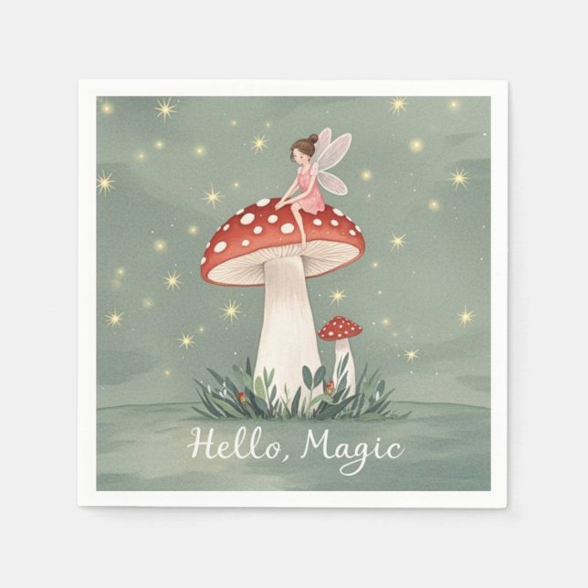 Servilleta De Papel Pequeño hada encaramada sobre hongos y resplandeci (Anverso)