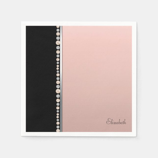 Servilleta De Papel Perlas Diamantes Negro Rosa Elegantes y con Estilo (Anverso)