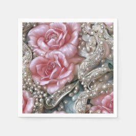 Servilleta De Papel Perlas vintage y patrón de rosas rosadas