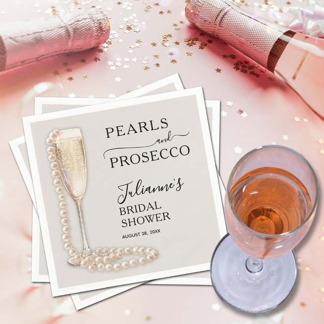 Servilleta De Papel Perlas y ducha de novia en Prosecco (Pearls and Prosecco brunch and bubbly bridal shower napkins)