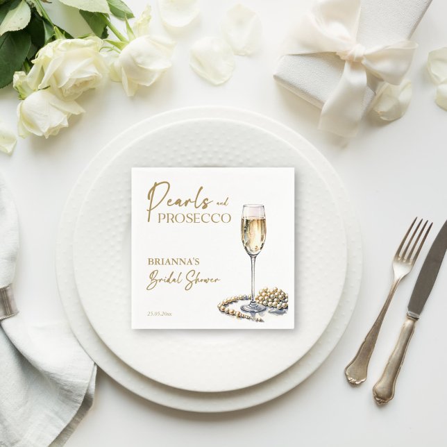Servilleta De Papel Perlas y ducha de novia prosecco elegante impresa (Pearls and prosecco bridal shower elegant monogram printed napkins template personalized tableware)