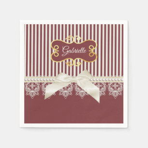 Servilleta De Papel Perlas y encaje Deep Red Stripes Bow y Name