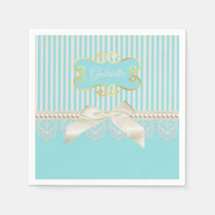 Servilleta De Papel Perlas y encajes Aqua Stripes Cream Bow con nombre