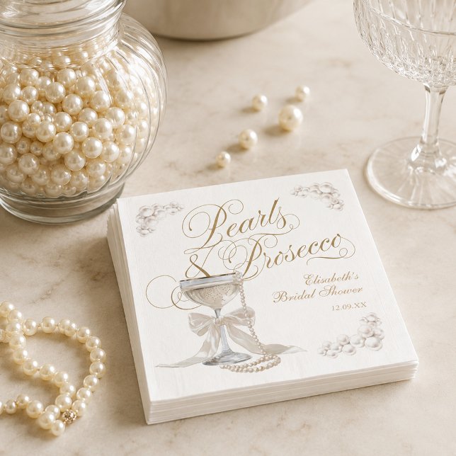 Servilleta De Papel Perlas y Prosecco Arco Blanco para Desayuno de Nov (Pearls and Prosecco White Bow Bridal Shower Napkins)