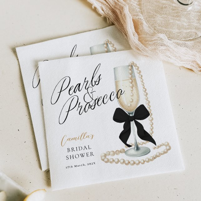 Servilleta De Papel Perlas y Prosecco Black Bow Bridal Shower (Subido por el creador)