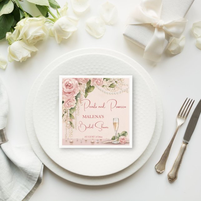 Servilleta De Papel Perlas y prosecco para despedida de soltera estamp (Pearls and prosecco bridal shower elegant blush pink monogram printed napkins personalized decor)