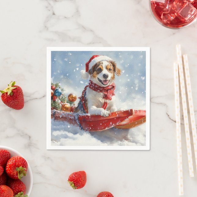 Servilleta De Papel Perro Brittany Spaniel en Trineo de Navidad (In situ)
