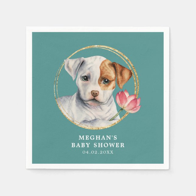 Servilleta De Papel Perro cachorro con flores en Baby Shower (Anverso)
