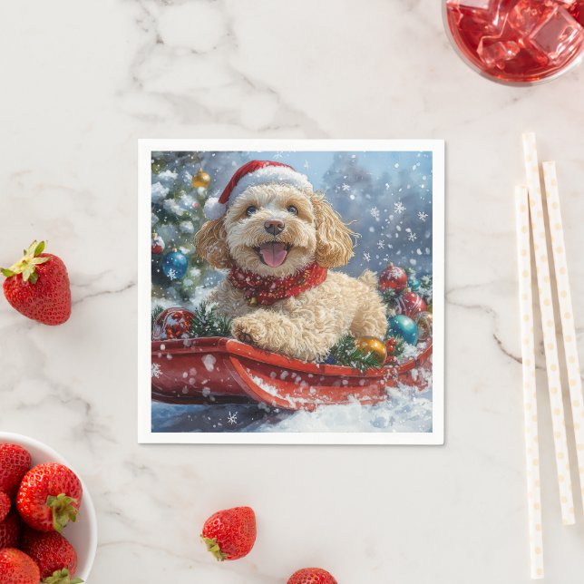 Servilleta De Papel Perro Cockapoo en Trineo Deja que Nieve Navidad (In situ)