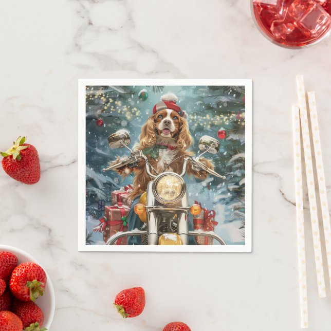 Servilleta De Papel Perro Cocker Spaniel montando motocicleta Navidad  (In situ)