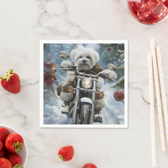 Servilleta De Papel Perro Coton De Tulear Montando Motocicleta Navidad (In situ)