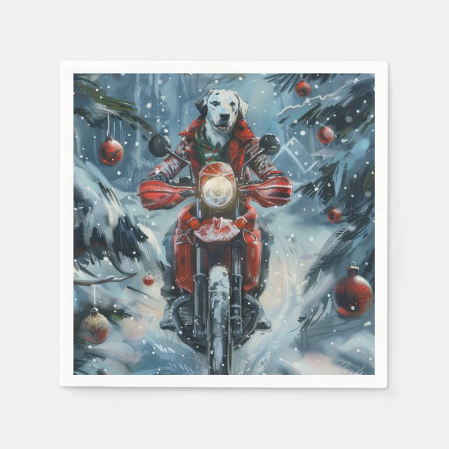 Servilleta De Papel Perro Dálmata Montando Motocicleta Navidad (Anverso)