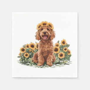 Servilleta De Papel Perro De Goldendoodle Con Una Corona De Girasol