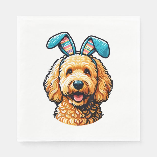 Servilleta De Papel Perro Goldendoodle de Pascua con orejas de conejo, (Anverso)