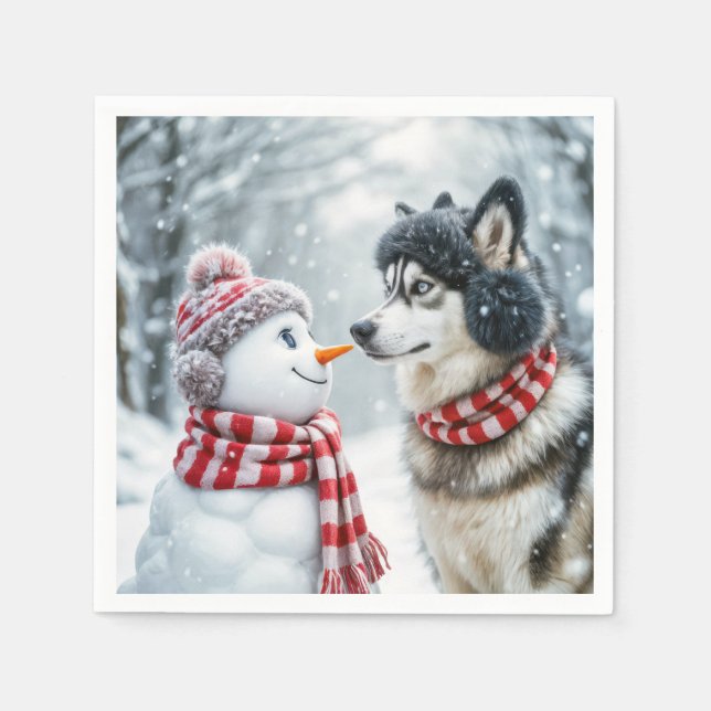 Servilleta De Papel Perro Husky Con Snowman (Anverso)