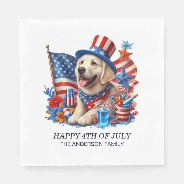 Servilleta De Papel Perro Patriótico Top Hat Red White Blue Stars Stri (Anverso)