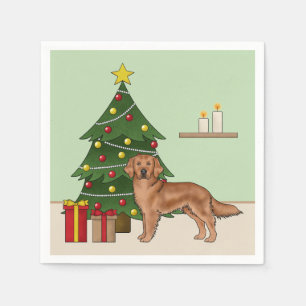 Servilleta De Papel Perro Red Golden Retriever Y Árbol Verde De Navida