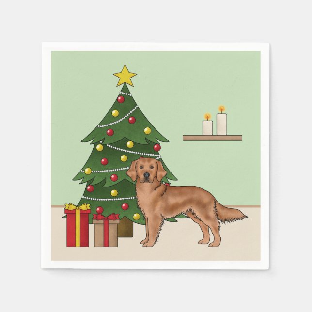 Servilleta De Papel Perro Red Golden Retriever Y Árbol Verde De Navida (Anverso)