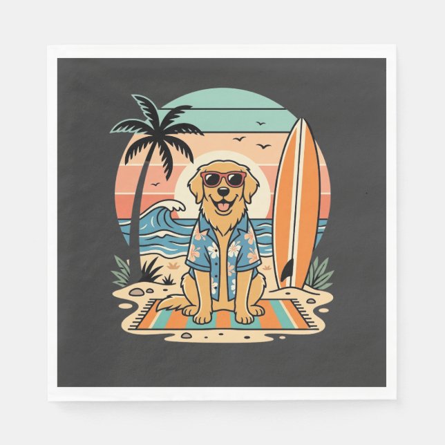 Servilleta De Papel Perro Surfista Playa Retro Verano (Anverso)
