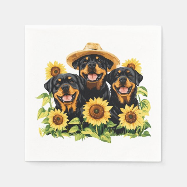 Servilleta De Papel Perros Rottweiler Rodeados De Sunflowers (Anverso)