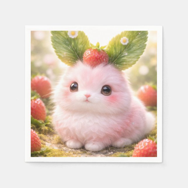 Servilleta De Papel Personaje de conejo rosa adorable con fresa  (Anverso)