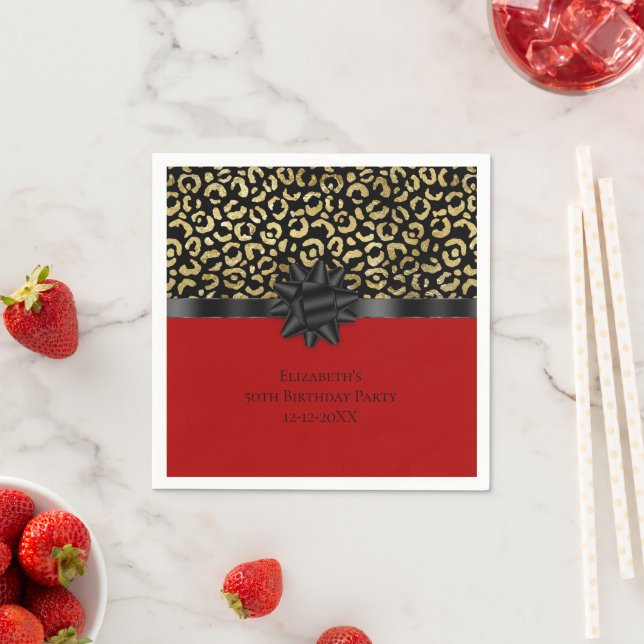 Servilleta De Papel Personaliza Cumpleaños Estampado Leopardo Rojo Neg (In situ)