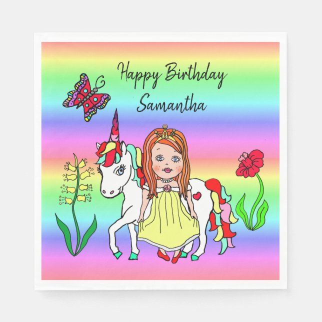 Servilleta De Papel Personaliza Cumpleaños Princesa y Unicornio Arcoír (Anverso)
