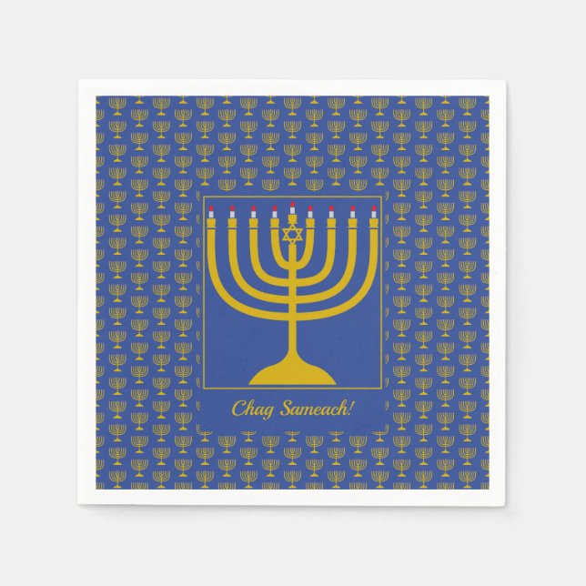 Servilleta De Papel Personalizable azul medio | Chanukah | MENORAH (Anverso)