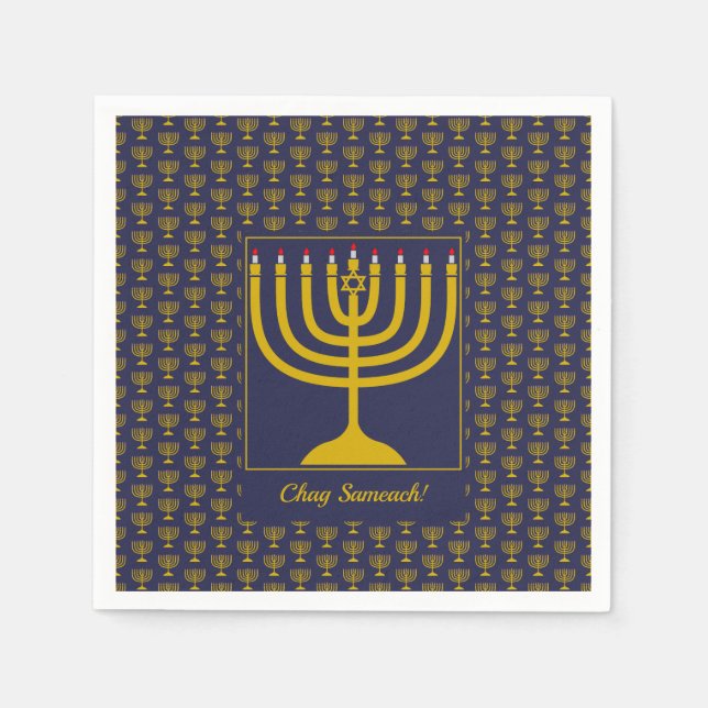 Servilleta De Papel Personalizable azul oscuro | Hanukkah | MENORAH (Anverso)
