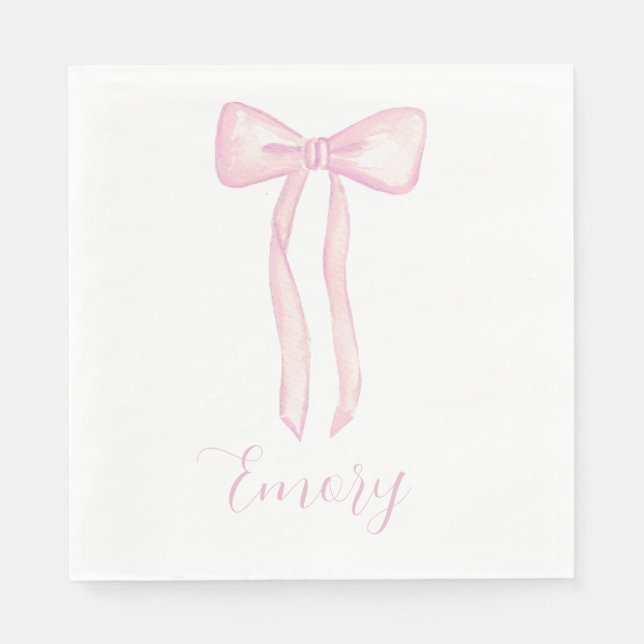 Servilleta De Papel Personalizable Baby Shower Napkins Bow Rosado (Anverso)