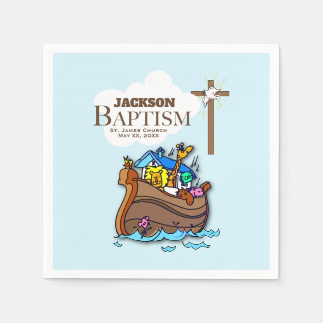 Servilleta De Papel Personalizable, Bautizo de Niño Arca de Noé (Anverso)