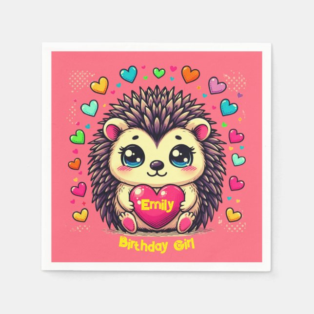 Servilleta De Papel Personalizable Cute Hedgehog Chica de cumpleaños (Anverso)