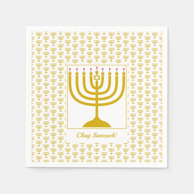 Servilleta De Papel Personalizable de oro blanco | Hanukkah | MENORAH (Anverso)