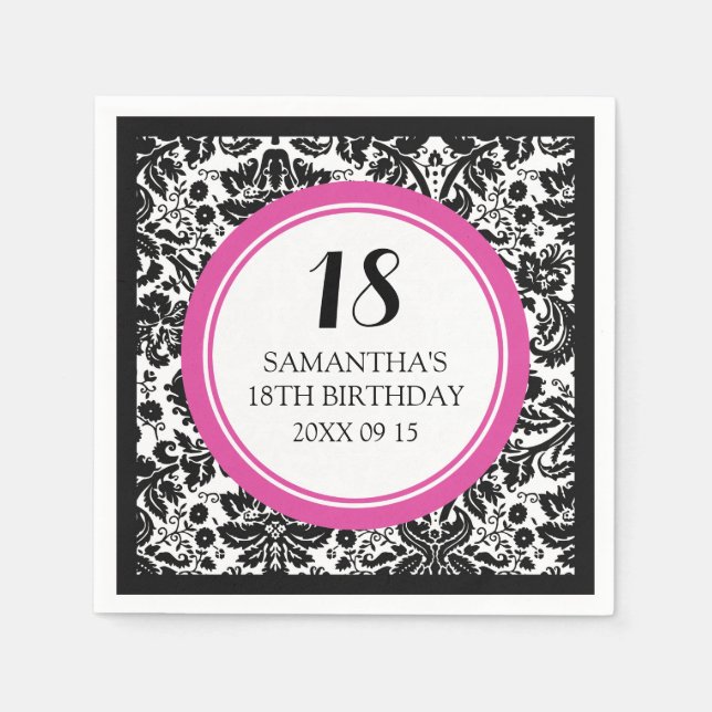 Servilleta De Papel Personalizado 18º cumpleaños Napkin Damasco negro  (Anverso)