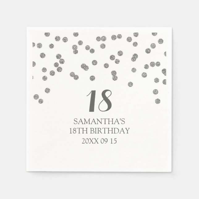 Servilleta De Papel Personalizado 18.º Cumpleaños Napkin Plata Confett (Anverso)