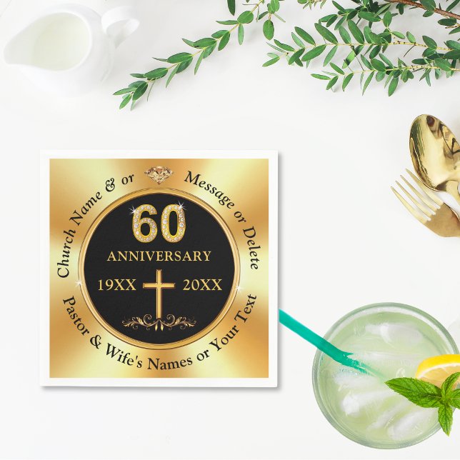 Servilleta De Papel Personalizado, 60° Aniversario de la Iglesia, o Bo (60th church anniversary, black and gold napkins. Church 60th anniversary napkins or Christian 60th.)