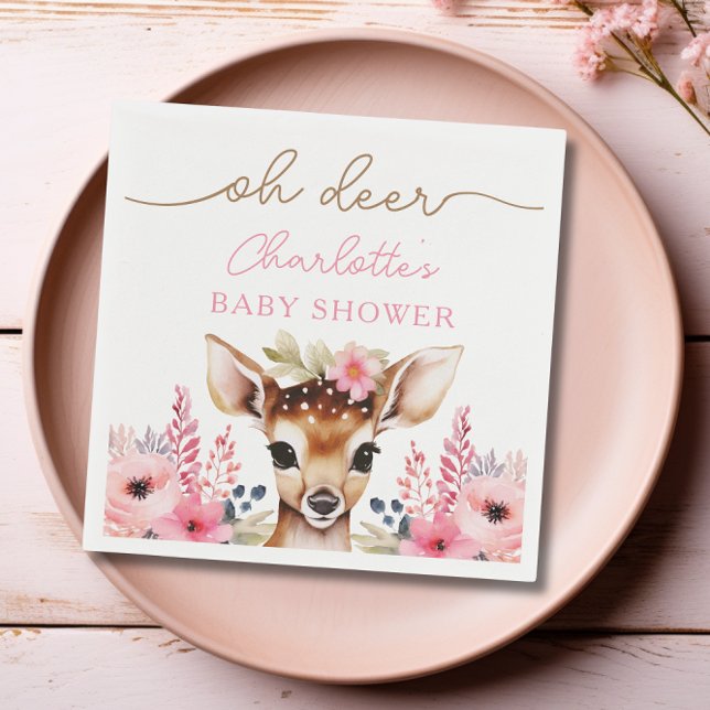 Servilleta De Papel Personalizado Baby Shower de Woodland Deer Pink Fl (Woodland Deer Pink Floral Girl Baby Shower Custom Napkins)