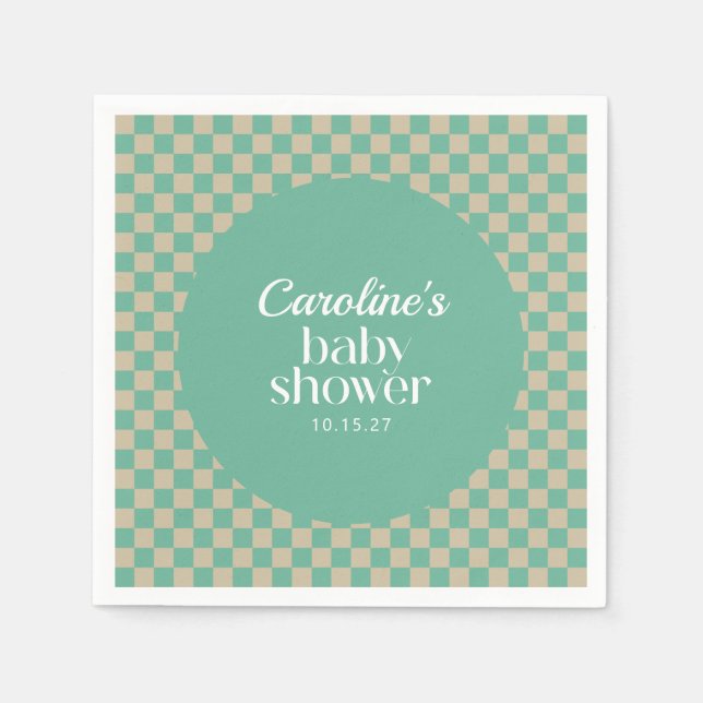 Servilleta De Papel Personalizado Baby Shower Retro Checkerboard Mint  (Anverso)