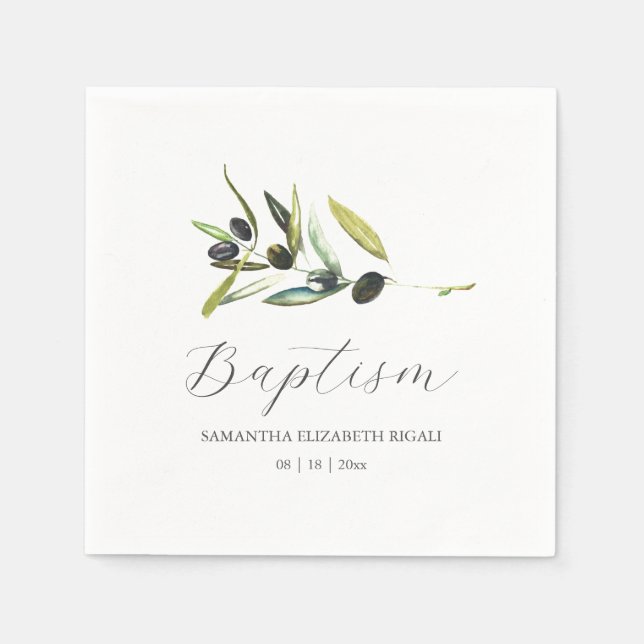 Servilleta De Papel Personalizado Baptism Napkins Simple Olive Branch (Anverso)