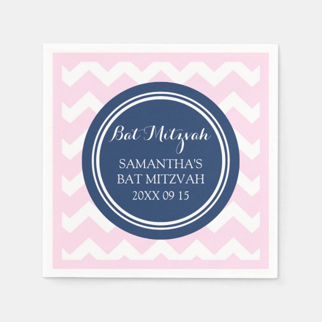 Servilleta De Papel Personalizado Bat Mitzvah Napkin Chevron azul rosa (Anverso)