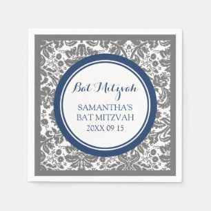 Servilleta De Papel Personalizado Bat Mitzvah Napkin Damask Gris Blue