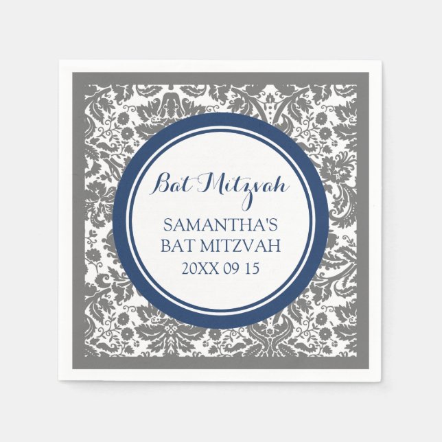 Servilleta De Papel Personalizado Bat Mitzvah Napkin Damask Gris Blue (Anverso)